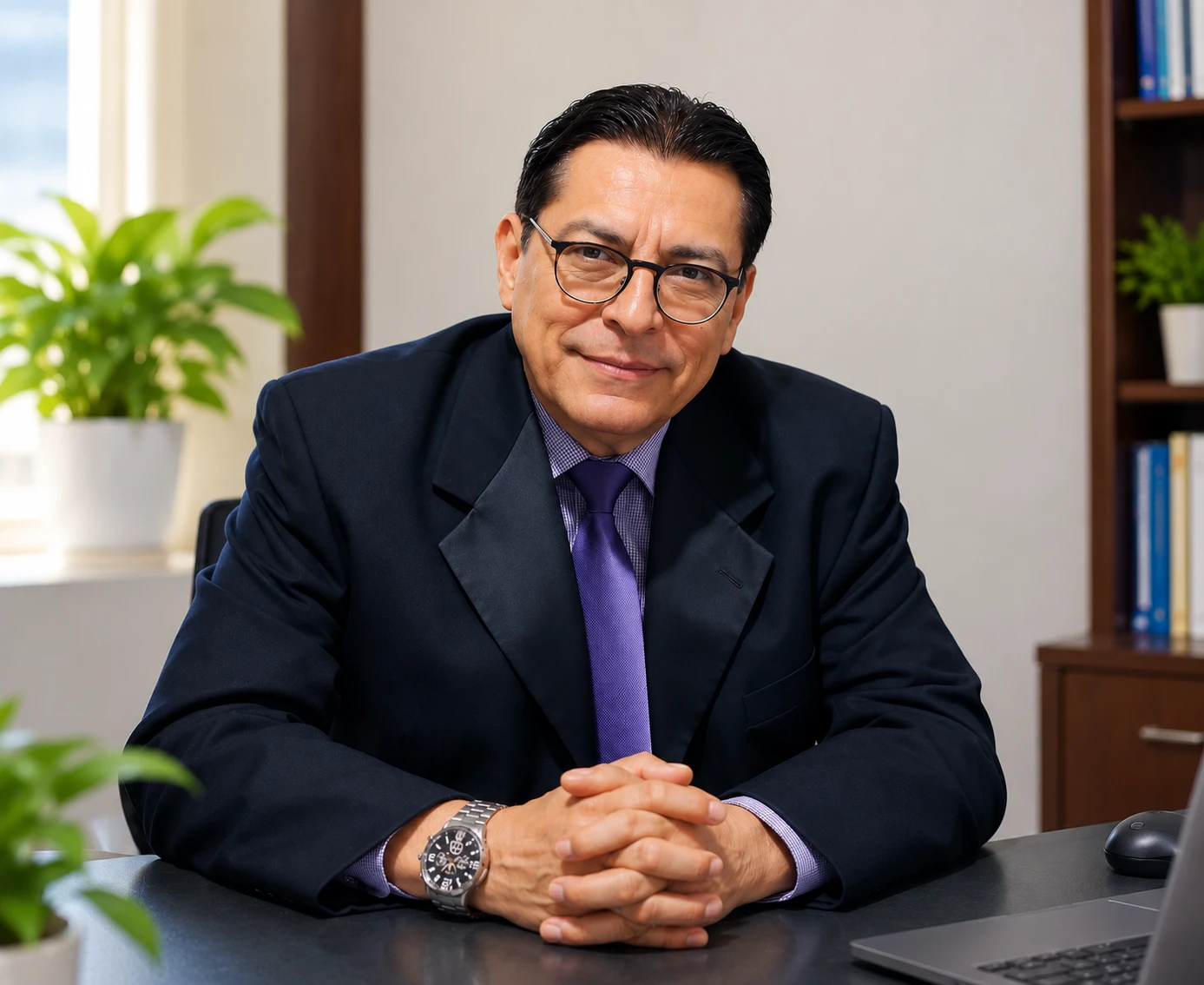 Retrato del licenciado Carlos Miguel Cubías, sonriente, sentado en su escritorio del consultorio con las manos entrelazadas.